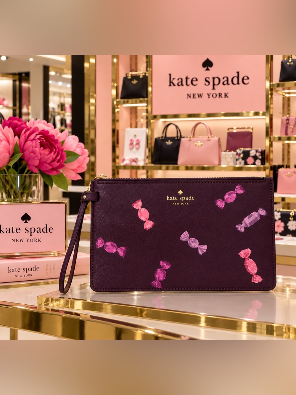 kate spade Novelty Plum Candy-Print Wristlet in Pink Accents NWOT
